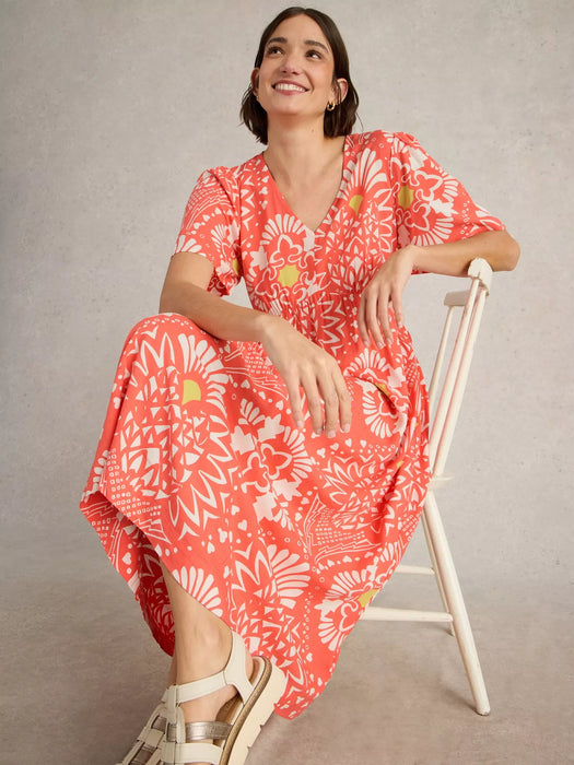 White Stuff Women's Lucy Midi Short Sleeve Dress In Coral Print