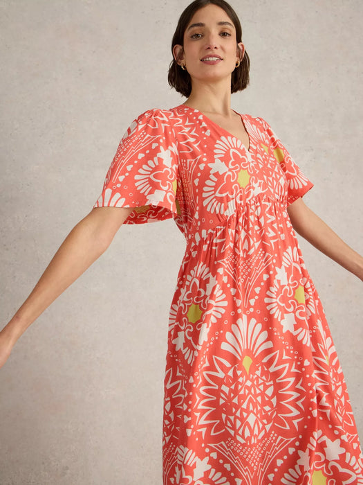 White Stuff Women's Lucy Midi Short Sleeve Dress In Coral Print