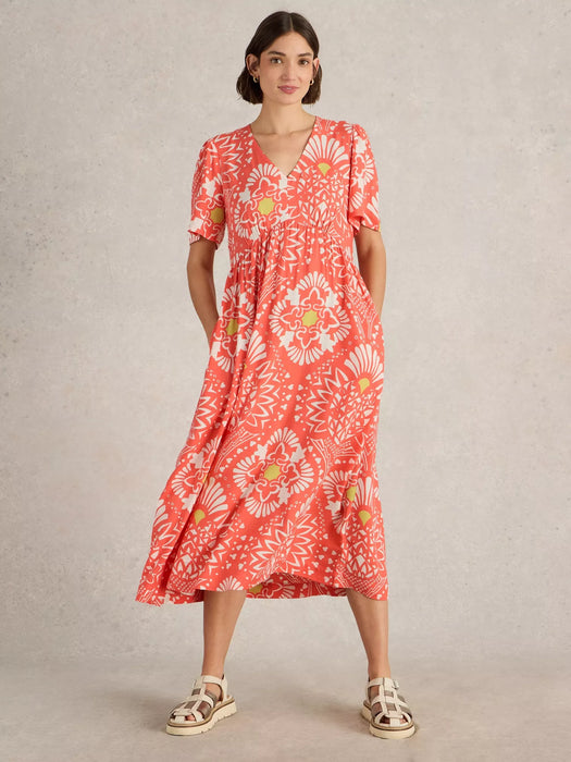 White Stuff Women's Lucy Midi Short Sleeve Dress In Coral Print