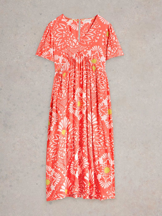 White Stuff Women's Lucy Midi Short Sleeve Dress In Coral Print