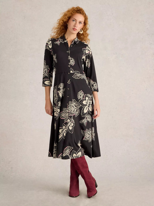 White Stuff Women's Rua Jersey Shirt Midi Dress In Black Print