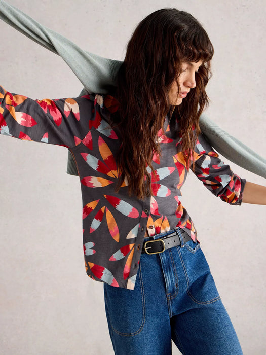 White Stuff Women's Annie Jersey Collared Mid Length Shirt In Grey Print