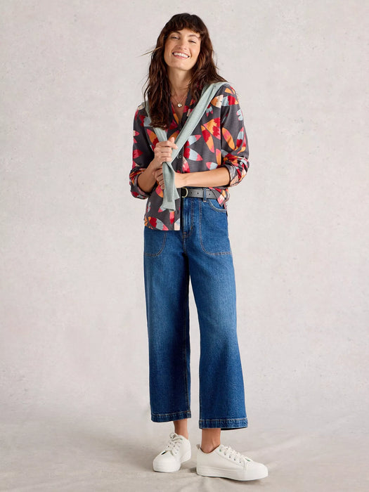 White Stuff Women's Annie Jersey Collared Mid Length Shirt In Grey Print