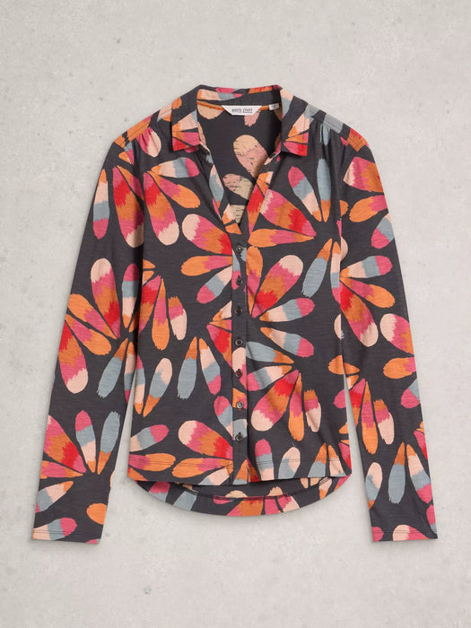 White Stuff Women's Annie Jersey Collared Mid Length Shirt In Grey Print