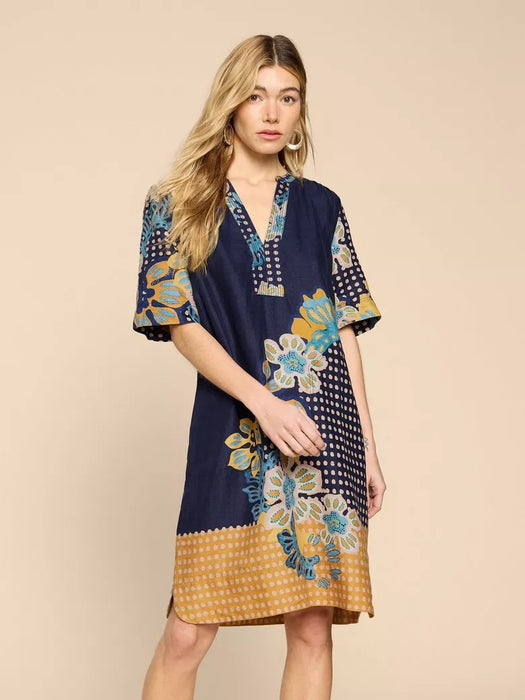 White Stuff Women's June Linen Shift Dress - Navy Print