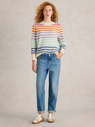 White Stuff Women's Rainbow Stripe Crew Cashmere Jumper In Natural Multi