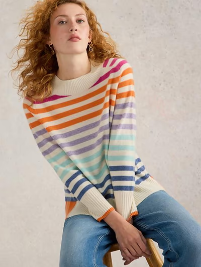 White Stuff Women's Rainbow Stripe Crew Cashmere Jumper In Natural Multi