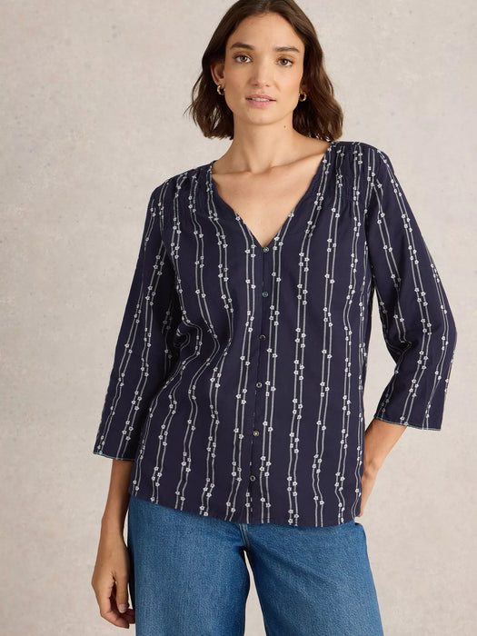 White Stuff Women's Rae Organic V Neck Cotton Top In Navy Multi