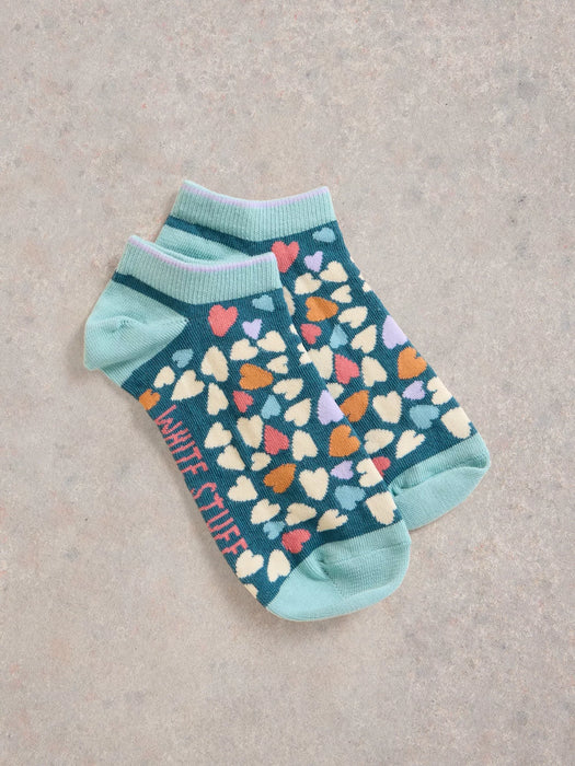 White Stuff Women's Heart Print Trainer Sock In Teal Multi