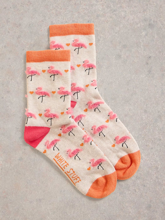 White Stuff Women's Fluffy Flamingo Ankle Sock In Natural Multi