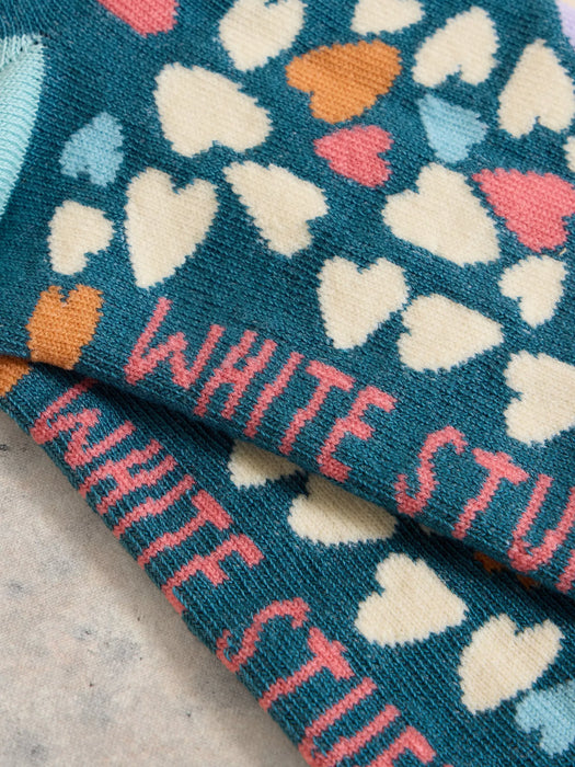 White Stuff Women's Heart Print Trainer Sock In Teal Multi
