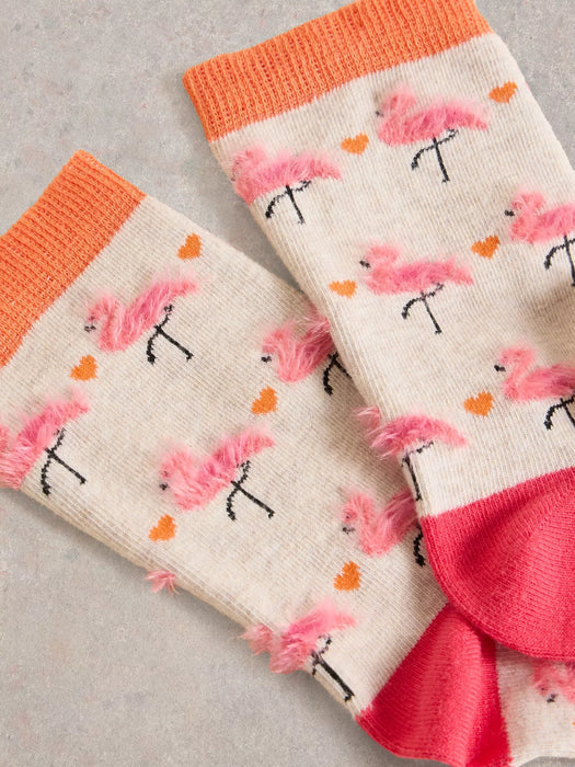 White Stuff Women's Fluffy Flamingo Ankle Sock In Natural Multi