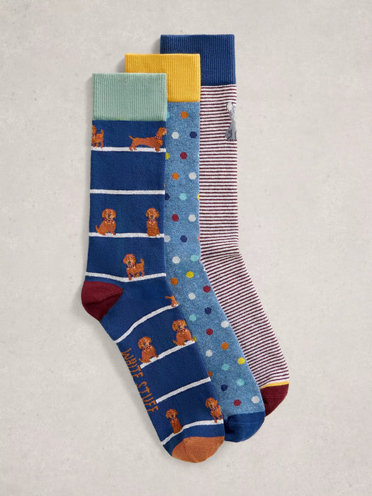 White Stuff Men's 3PK Dog Pals Ankle Socks In Navy Multi