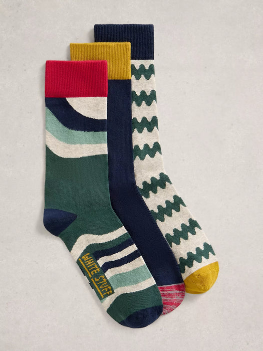 White Stuff Men's 3PK Pattern Ankle Socks In Green Multi