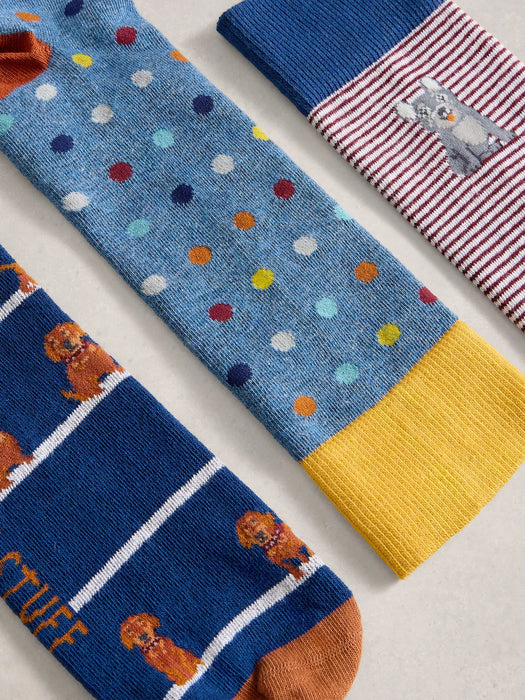 White Stuff Men's 3PK Dog Pals Ankle Socks In Navy Multi