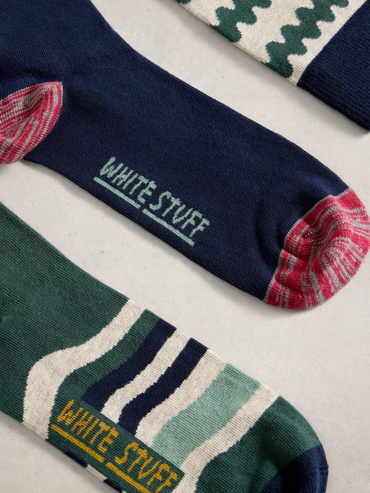 White Stuff Men's 3PK Pattern Ankle Socks In Green Multi
