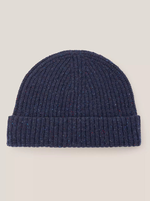 White Stuff Men's Stripe Wool Ribbed Beanie Dark Navy