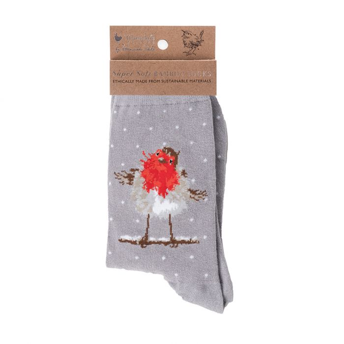 Wrendale 'Jolly Robin' Grey Christmas Socks