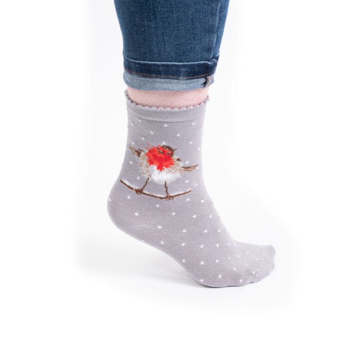 Wrendale 'Jolly Robin' Grey Christmas Socks