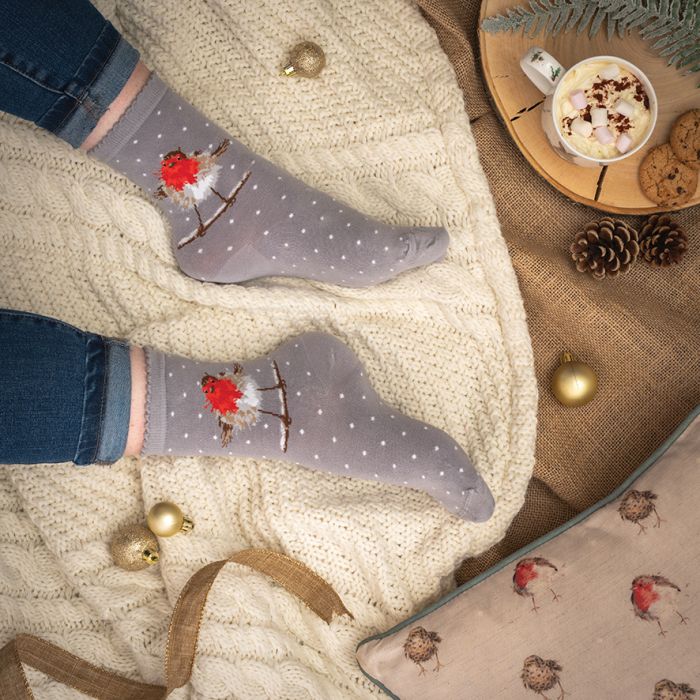 Wrendale 'Jolly Robin' Grey Christmas Socks