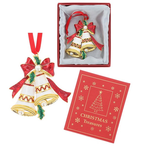 A Christmas ornament shaped like two gold and white bells with red ribbons and green accents, shown hanging beside its open gift box and a red card labeled Christmas Treasures.