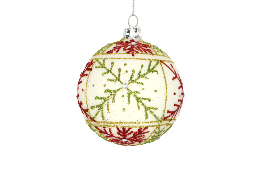 Gisela Graham White with Red & Green Glitter Snowflakes Bauble