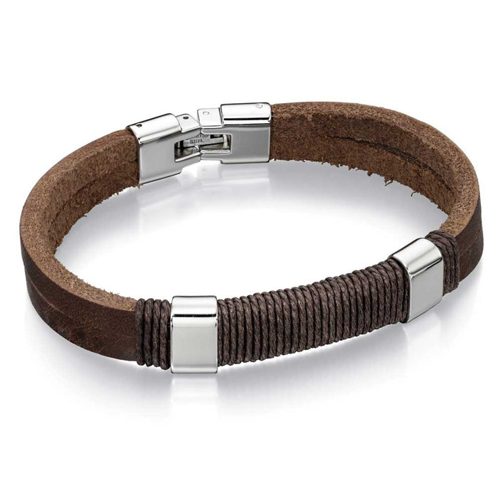 Fred Bennett Stainless Steel Brown Leather Cord Bracelet