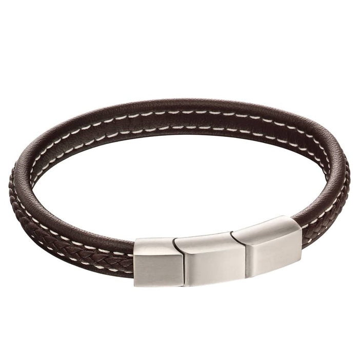 Fred Bennett Stainless Steel Brushed Finish Brown Leather Plaited Bracelet