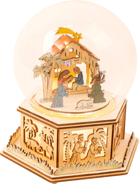 Wooden Light-Up Manger Snow Globe with Music Box