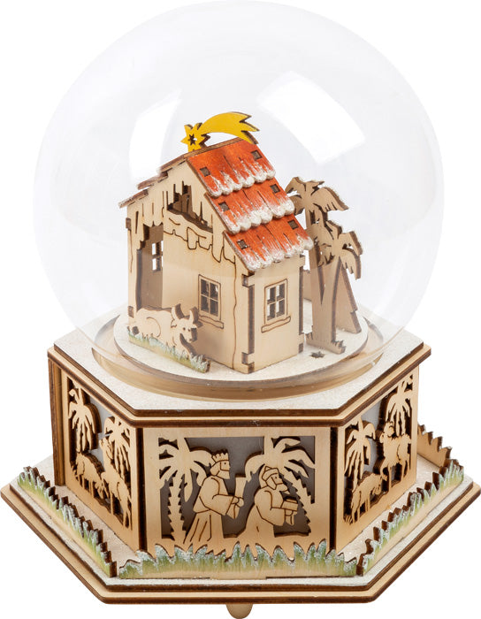 Wooden Light-Up Manger Snow Globe with Music Box