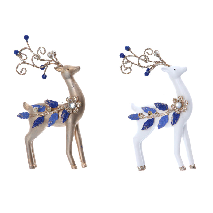 Gisela Graham Gold & White Resin Reindeer with Blue Jewel Decoration