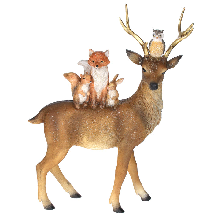 Gisela Graham Standing Reindeer With Woodland Animals Resin Ornament