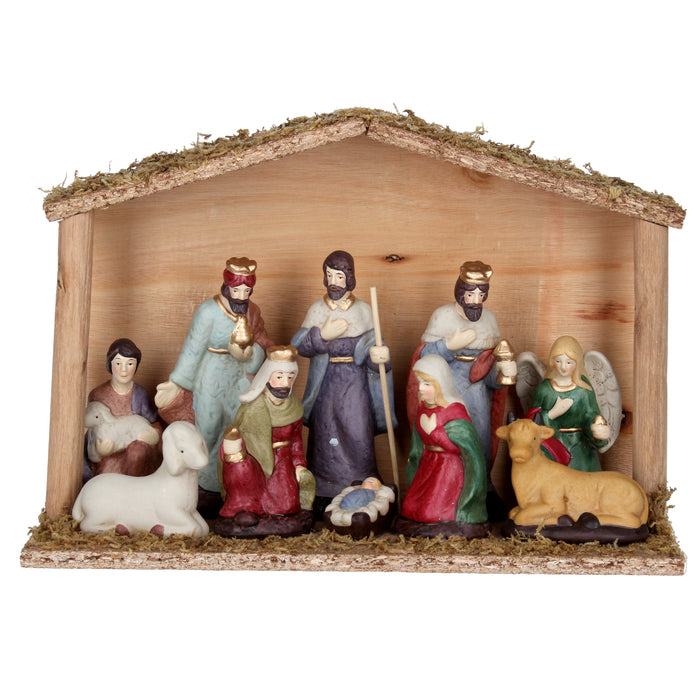 Gisela Graham Ceramic Nativity Figures In Wood Stable Ornament