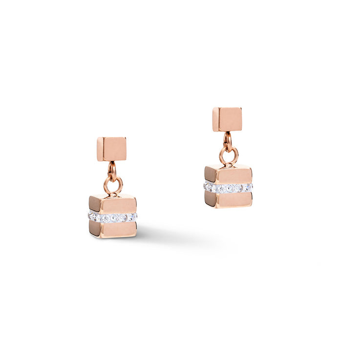 Coeur De Lion Earrings GeoCUBE® Small Stainless Steel & Crystals Pavé White-Rose-Gold-Silver