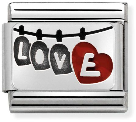 Nomination Classic Silver Oxidised Plates Love On Hanging Hearts Charm