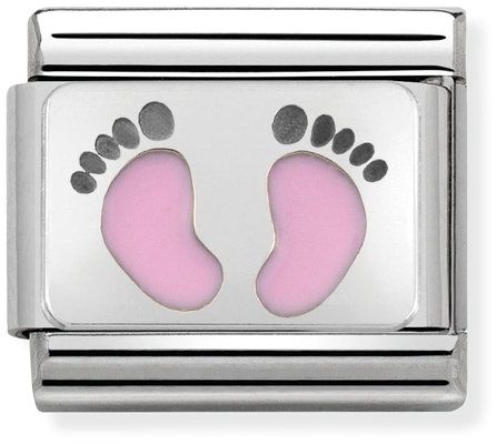 Nomination Classic Silver Oxidised Plates Pink Footprints Charm