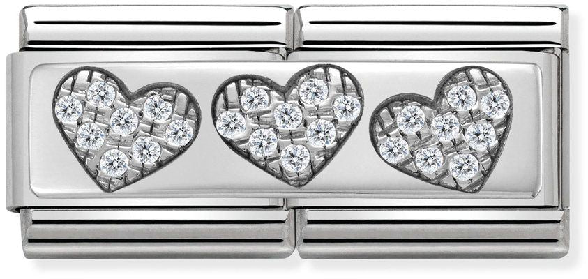 Nomination Classic Silver Cubic Zirconia Double Rich Three Hearts Charm