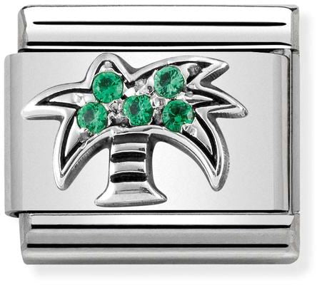 Nomination Classic Silver Cubic Zirconia Symbols Palm Tree With Green Stone Charm