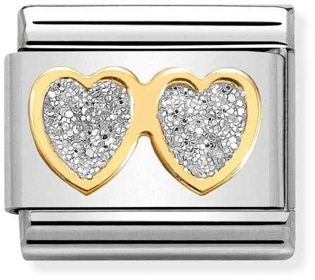 Nomination Classic Gold Symbols Double Hearts Charm In Gold With Silver Glitter