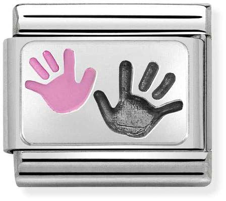 Nomination Classic Silver Oxidised Plates Pink Baby And Parent Handprints Charm