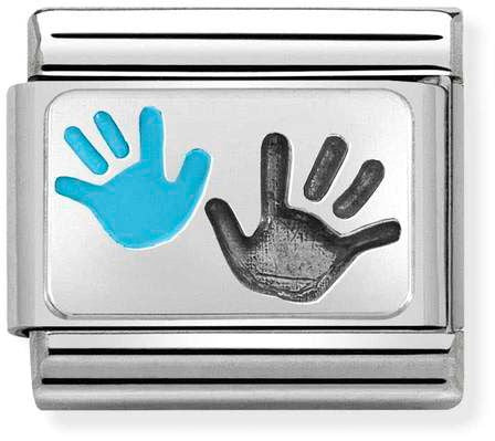 Nomination Classic Silver Oxidised Plates Blue Baby And Parent Handprints Charm