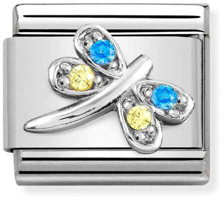 Nomination Classic Silver Cubic Zirconia Symbols Dragonfly With Blue And Yellow Stone Charm