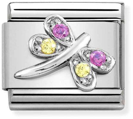 Nomination Classic Silver Cubic Zirconia Symbols Dragonfly With Purple And Yellow Stone Charm