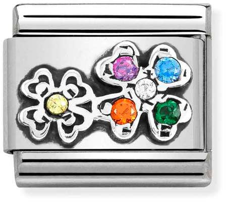 Nomination Classic Silver Cubic Zirconia Symbols Four Leaf Clover With Rainbow Stone Charm