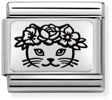Nomination Classic Silver Oxidised Plates Cat With Flowers Charm
