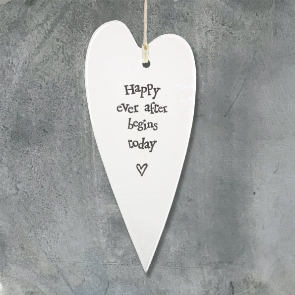 East of India Porcelain Long Hanging Heart - Happy Ever After