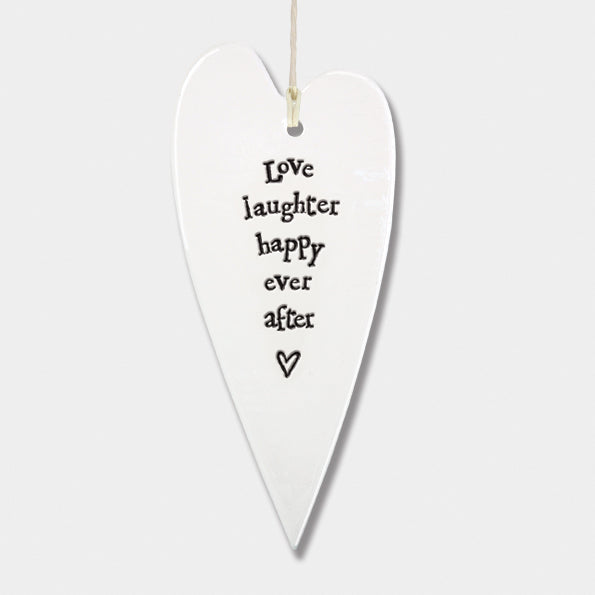 East of India Porcelain Long Hanging Heart - Love, Laughter
