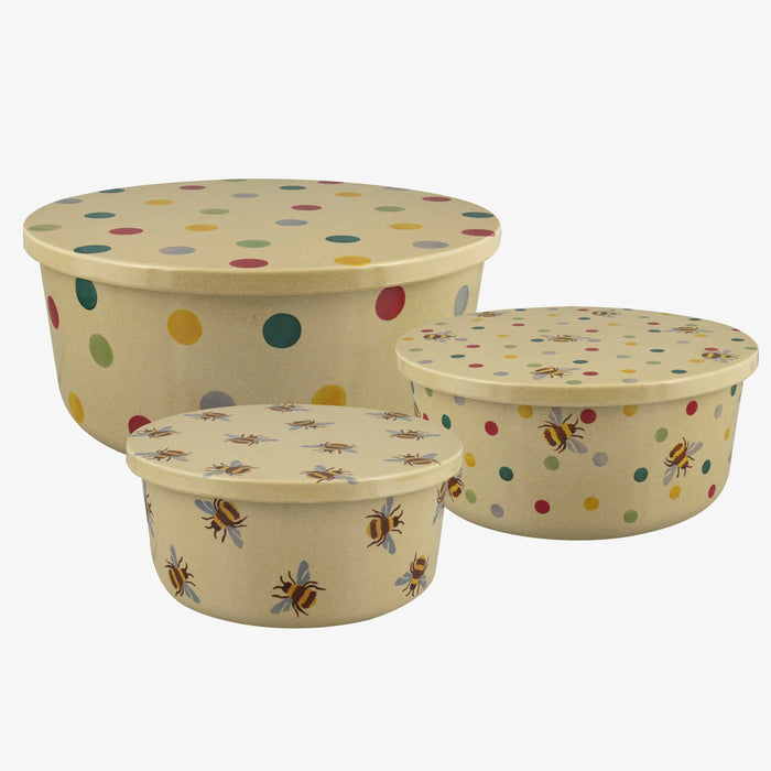 Emma Bridgewater Polka Dot & Bee Set Of 3 Round Rice Husk Storage Tubs