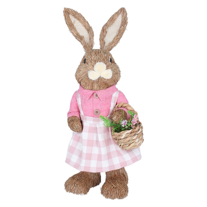 Gisela Graham Bristle Bunny with Pink Gingham Dress & Basket Ornament