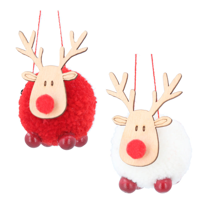 Gisela Graham Red Or White Wool Ball Deer with Wooden Head Decoration